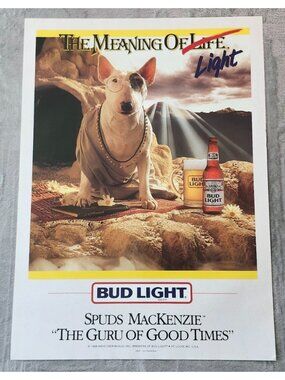 Vintage 1988 Bud Light Poster Spuds MacKenzie Meaning of Life 28” x 20”